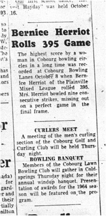 1964-10-21 Bowling - Mixed- Bernice Herriorot - Cobourg Golf and Curling Club