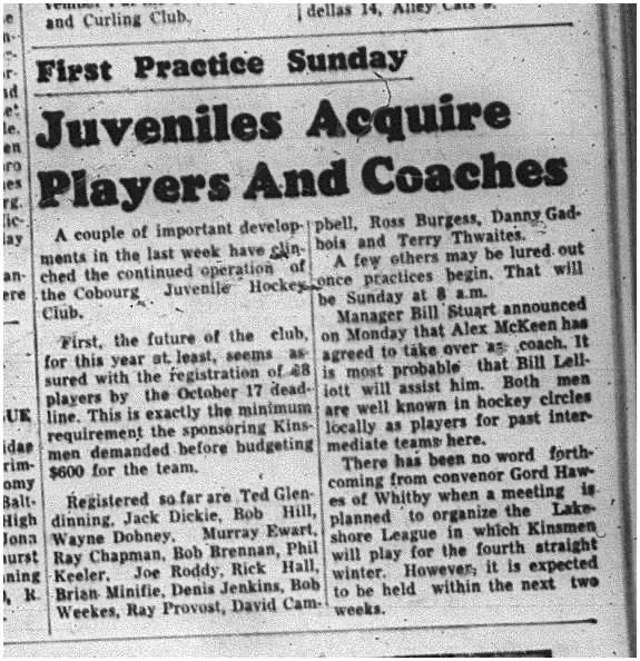 1964-10-21 Hockey - Boys - Cobourg Juvenile Hockey Club - Players and Coaches