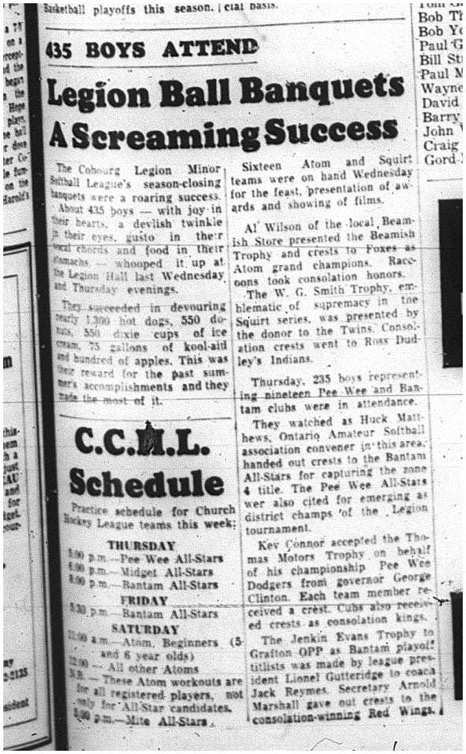 1964-10-21 Softball - Boys - Cobourg Legion Minor Softball League - Season Closing - Banquets