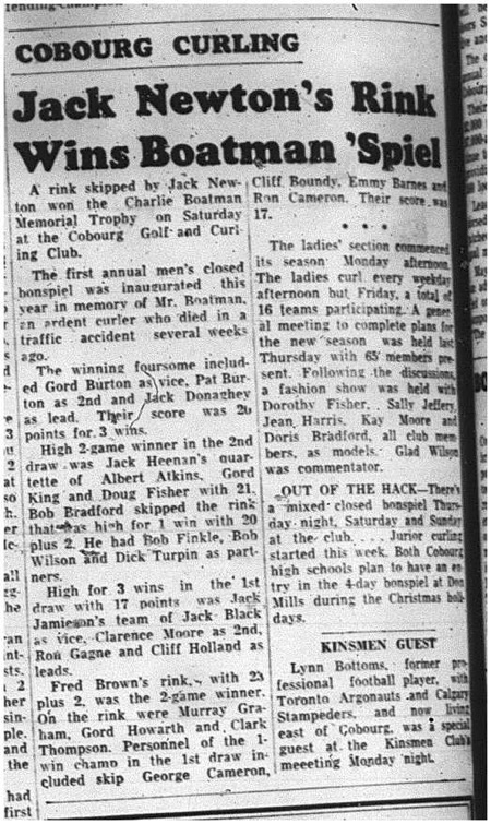 1964-11-11 Curling - Mens - Cobourg Golf and Curling Club - Charlie Boatman Memorial Trophy
