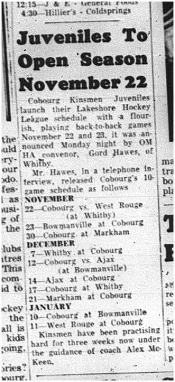 1964-11-11 Hockey - Boys - Cobourg Kinsmen Juvenile - Lakeshore Hockey League - Schedule