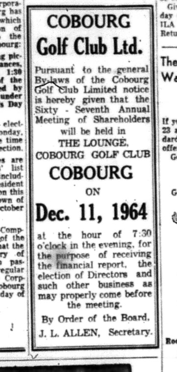 1964-11-25 Golf - Cobourg Golf Club Annual Meeting notice