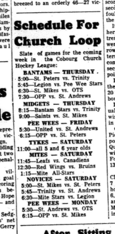 1964-11-25 Hockey - Boys - CCHL - Schedule