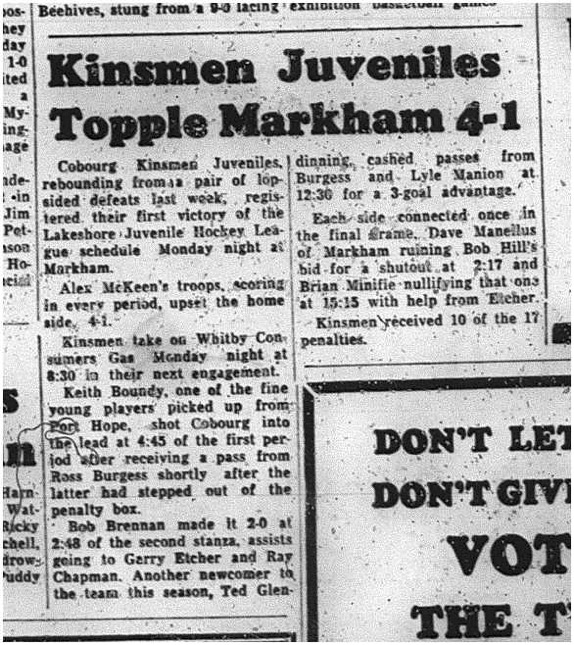 1964-12-02 Hockey - Boys - Cobourg Kinsmen Juveniles Vs. Markham - Lakeshore Juvenile Hockey League