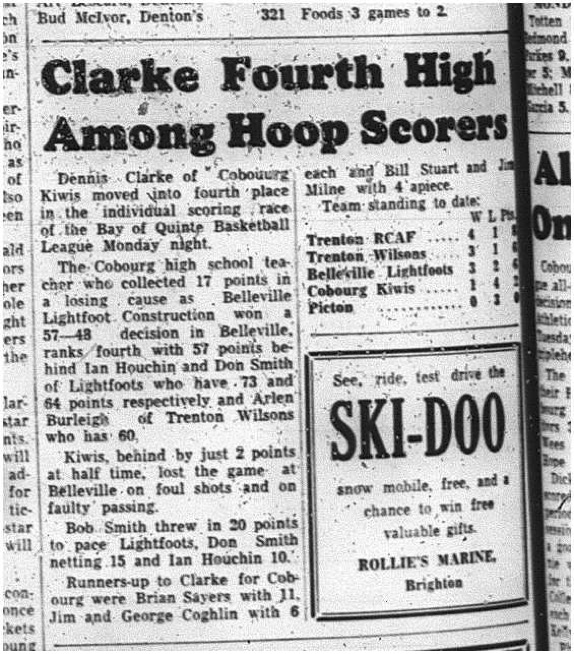 1964-12-16 Basketball - Boys - Bay of Quinte Basketball League - Cobourg Kiwis - Team Standings