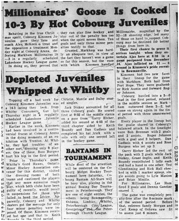 1964-12-23 Hockey - Boys - Lakeshore Hockey League - Cobourg Juveniles Vs. Markham Millionaires