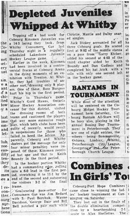 1964-12-23 Hockey - Boys - Lakeshore Intermediate Hockey League - Cobourg Kinsmen Juveniles Vs. Whitby Consumers