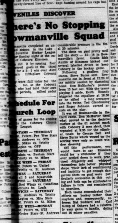 1965-01-13 Hockey - Boys - Lakeshore Juvenile Hockey League - Cobourg Kinsmen Vs. Bowmanville