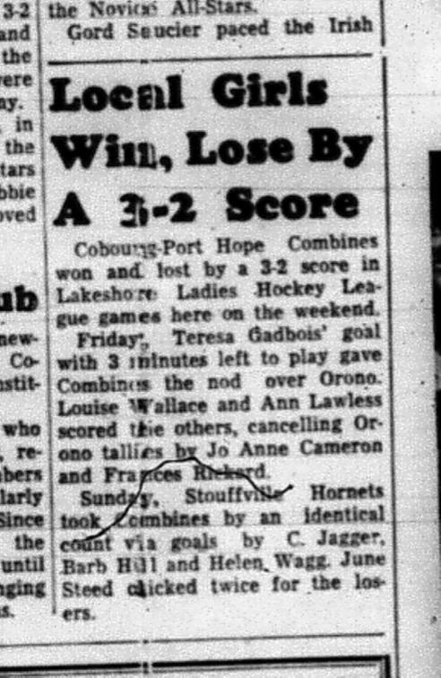 1965-01-13 Hockey - Girls - Cobourg-Port Hope Combines - Lakeshore Leadies Hockey League Games