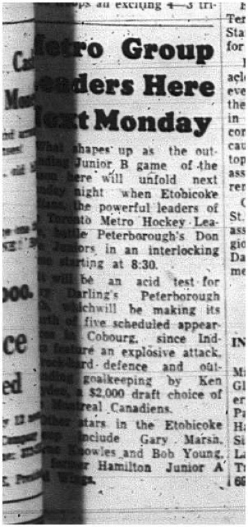 1965-01-27 Hockey - Boys - Junior B team - Toronto Metero Hockey League - Cobourg