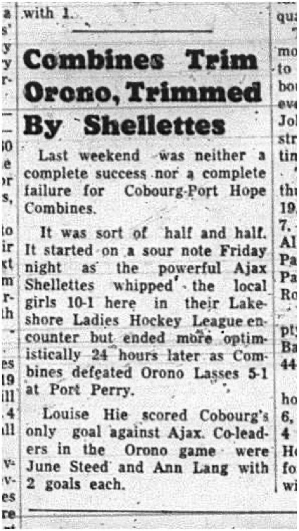 1965-01-27 Hockey - Ladies - Lakeshore Ladies Hockey League - Cobourg-Port Hope Combines Vs. Orono