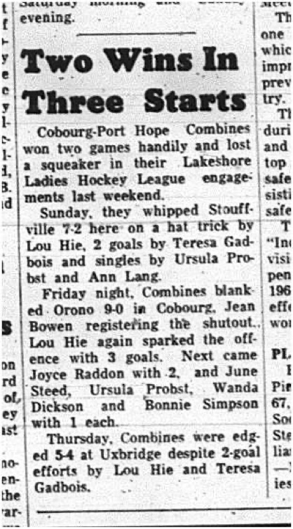 1965-02-10 Hockey - Girls - Lakeshore Ladies Hockey League - Cobourg-Port Hope Combines