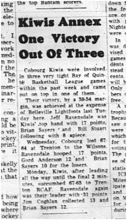 1965-03-03 Basketball - Men -Bay of Quinte Basketball League - Cobourg Kiwis