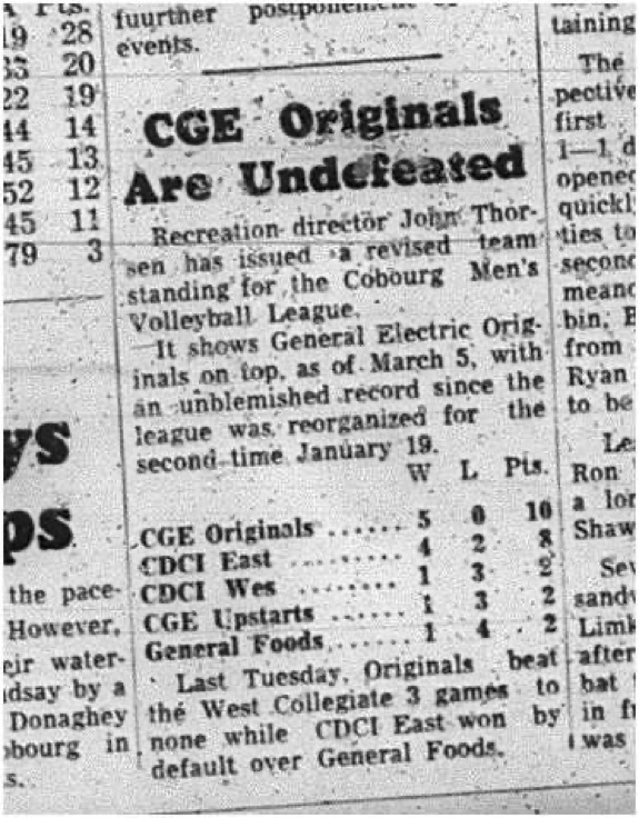 1965-03-10 Volleyball - Men - Cobourg Mens Volleyball League - Standings