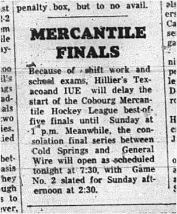 1965-03-17 Hockey - men - Cobourg Mercantile Hockey League - Hilliers Texaco Vs. IUE - Finals