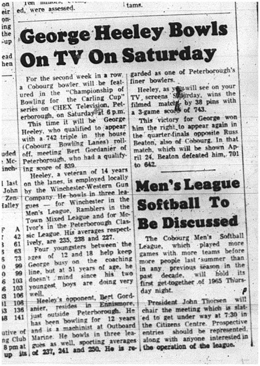 1965-03-24 Bowling - Men - Cobourg Mens Bowling League -George Heeley
