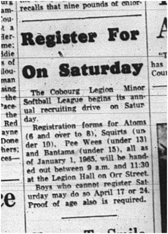 1965-03-31 Softball - Boys - Cobourg Legion Minor Softball League - Annual Recruting Drive