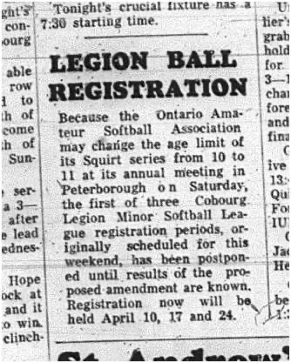1965-03-31 Softball - Boys - Cobourg Legion Minor Softball League - Registration