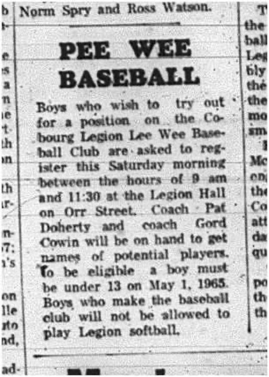 1965-04-07 Baseball - Boys - Cobourg Legion Peewee Baseball Club