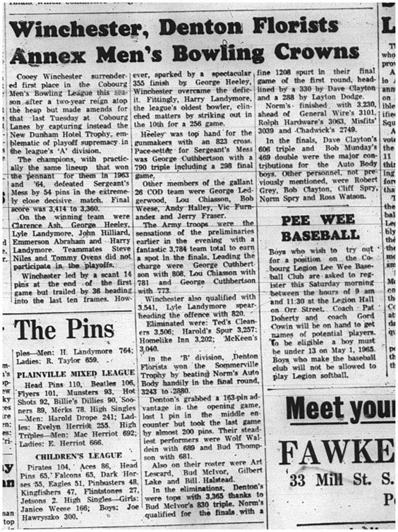 1965-04-07 Bowling - Men - Cobourg Mens Bowling League -New Dunham Hotel Trophy