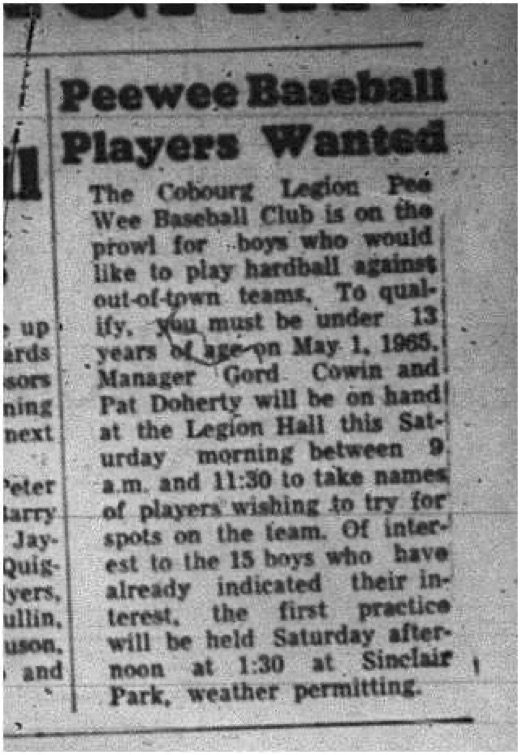 1965-04-14 Baseball - Boys - Cobourg Legion Peewee Baseball Club