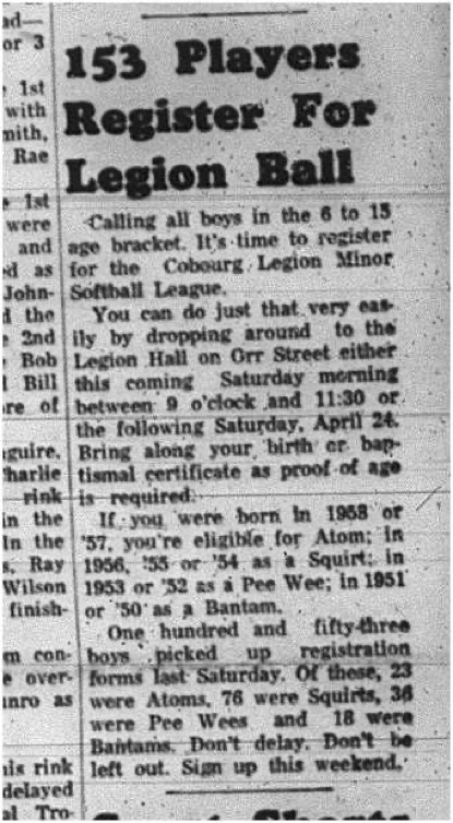 1965-04-14 Softball - Boys - Cobourg Legion Minor Softball League - Player Registration