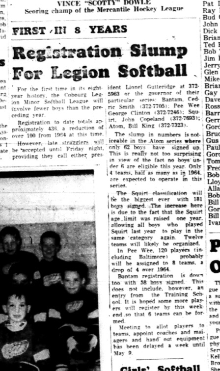 1965-04-28 Softball - Boys - Cobourg Legion Minor Softball League - Registration