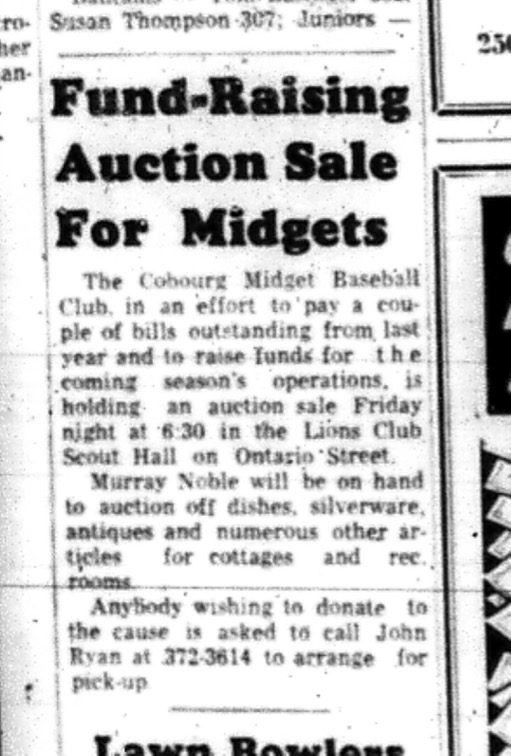 1965-05-12 Baseball - Boys - Cobourg Midget Baseball Club - Auction Sale