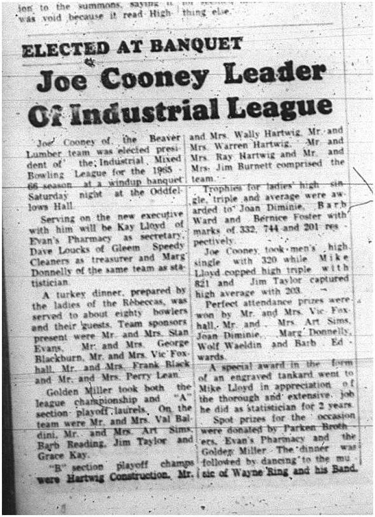 1965-05-12 Bowling - Mixed - Joe Cooney - Industrial Mixed League