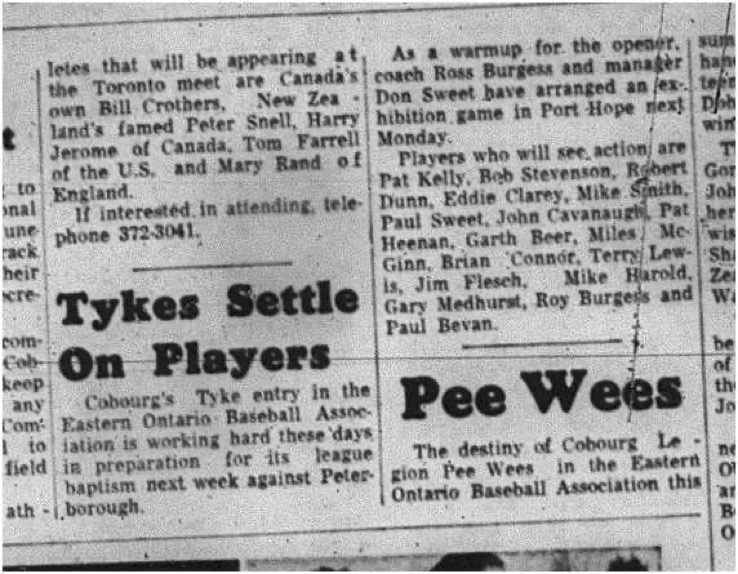 1965-05-19 Baseball - Boys - Cobourg Tykes - Eastern Ontario Baseball Association