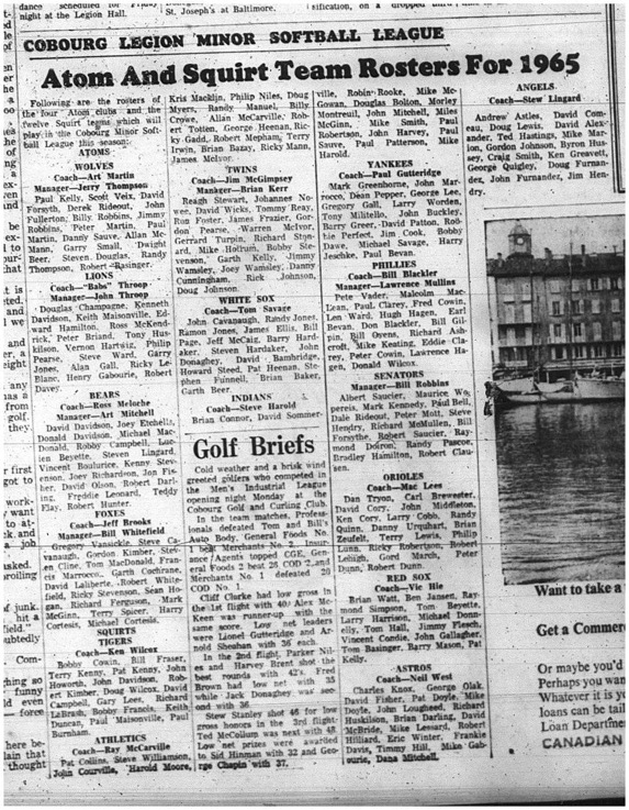 1965-05-19 Softball - Boys - Cobourg Legion Minor Softball League - Atom - Squirt - Rosters