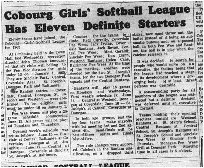 1965-05-19 Softball - Girls - Cobourg Girls Softball League - Starters