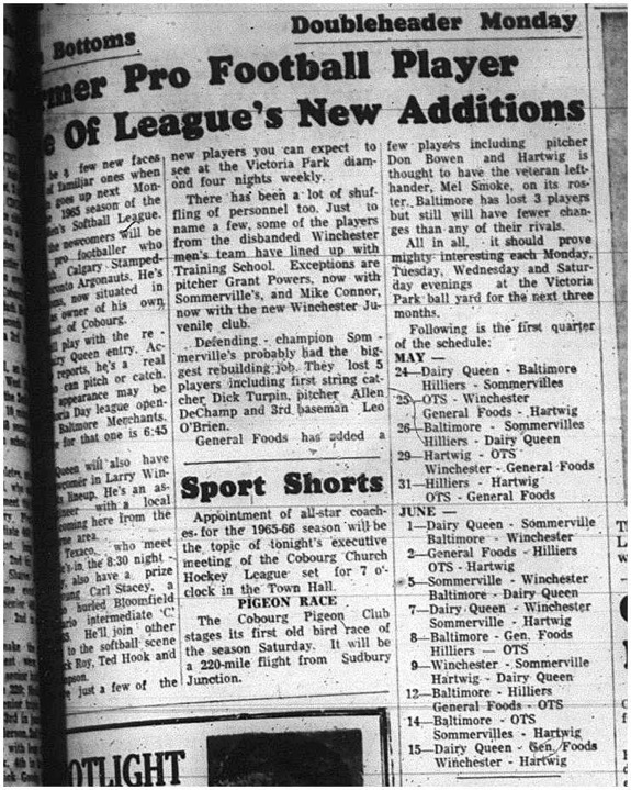 1965-05-19 Softball - Men - Cobourg Mens Softball League - New Additions