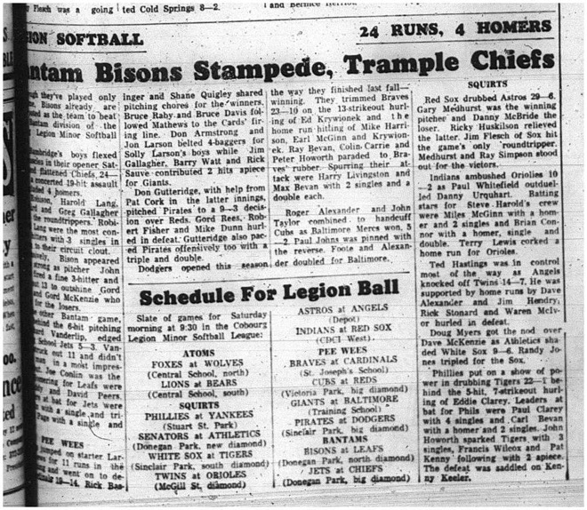 1965-06-02 Softball - Boys - Cobourg Legion Minor Softball League - Bantam Bisons Vs. Chiefs