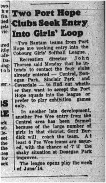 1965-06-02 Softball - Girls - Cobourg Girls Softball League - Port Hope 