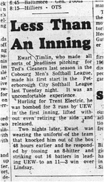 1965-06-02 Softball - Men - Cobourg Mens Softball League - Ewart Timlin - Teds Cleaners