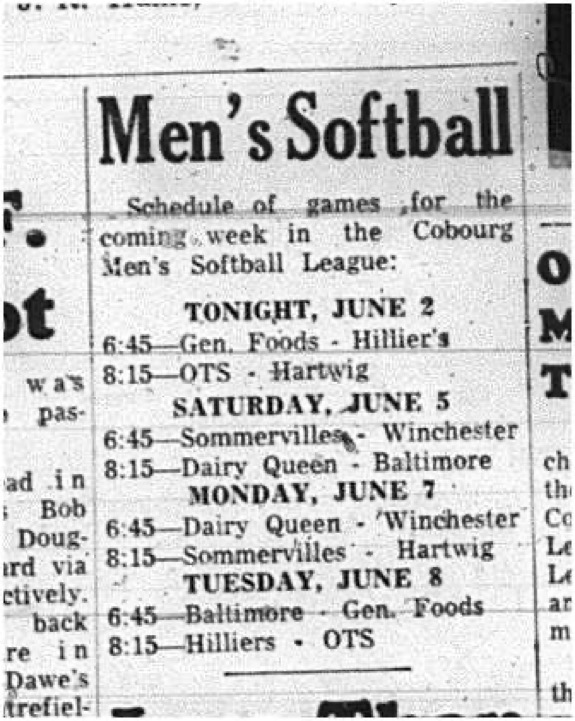 1965-06-02 Softball - Men - Cobourg Mens Softball League - Schedule