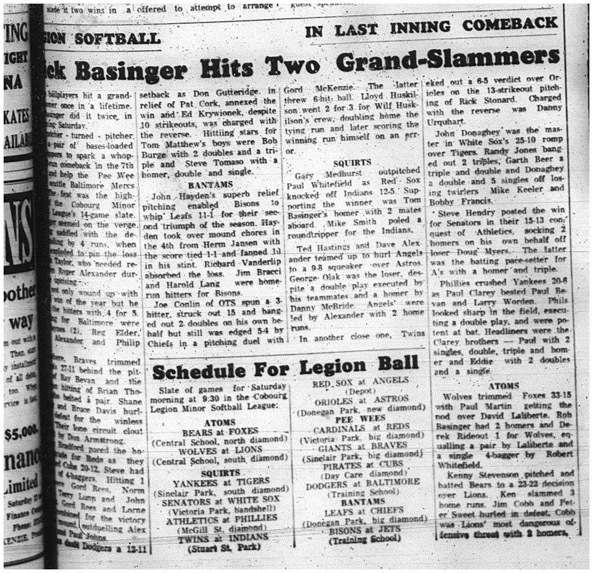 1965-06-09 Softball - Boys - Cobourg Legion Minor Softball League - Bantam - Squirt - Results