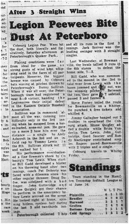 1965-06-16 Softball - Boys - Cobourg Legion Minor Softball League - Peewees Vs. Peterborough
