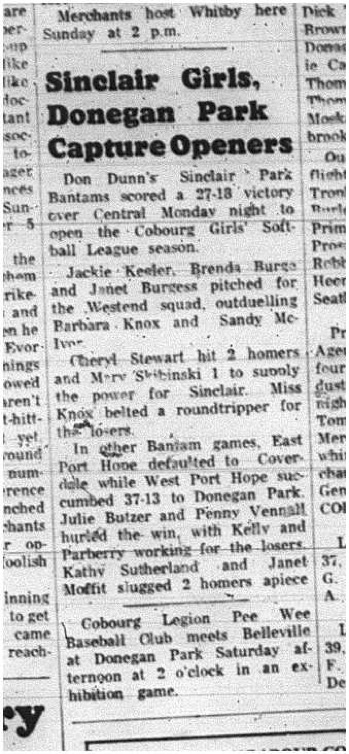 1965-06-16 Softball - Girls - Cobourg Girl_s Softball League - Sinclair - Donegan Park