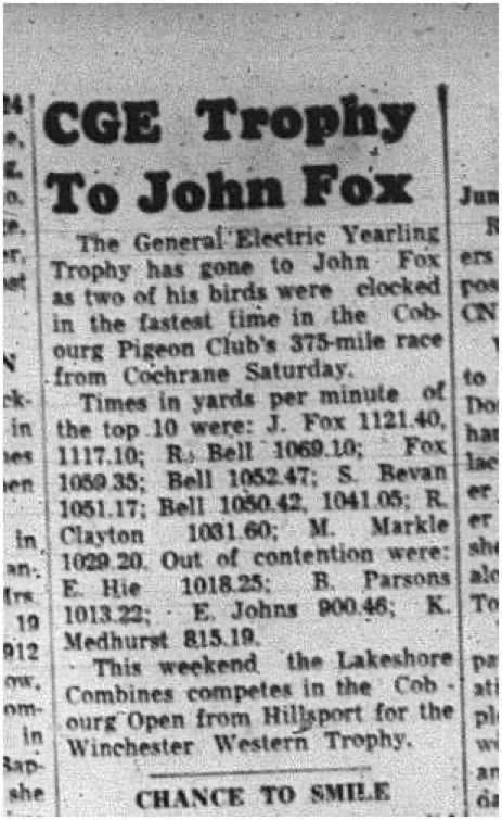 1965-06-23 Pigeon Racing - Men - Cobourg Pigeon Club - General Electric Yealing Trophy