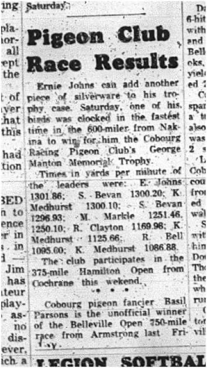 1965-06-23 Pigeon Racing - Men - Cobourg Pigeon Racing Club - Results