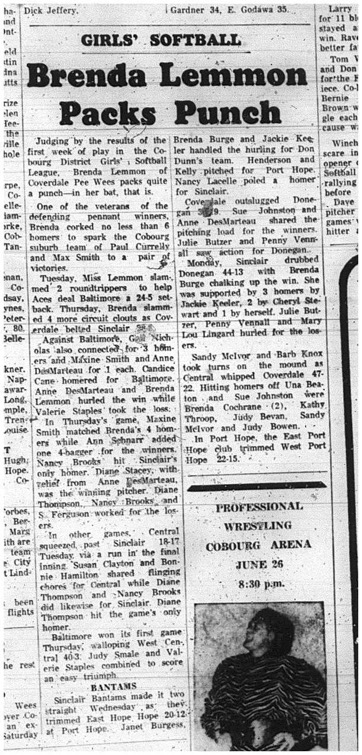 1965-06-23 Softball - Girls - Cobourg District Girls Softball League - Coverdale Peewees - Breanda Lemmon 