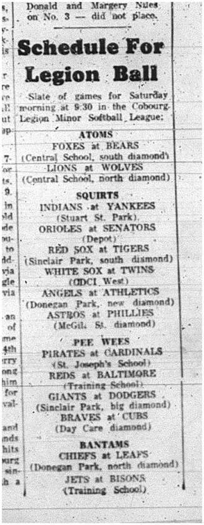 1965-06-30 Softball - Boys - Cobourg Legion Minor Softball League - Schedule
