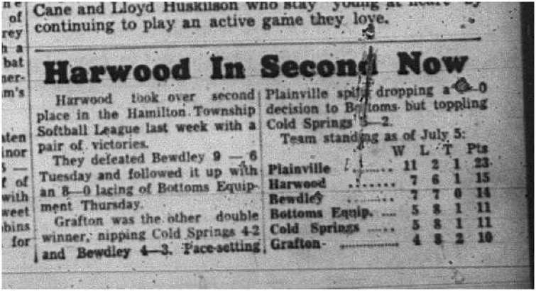1965-07-07 Softball - Men - Hamilton Township Softball League - Harwood - Team Standings