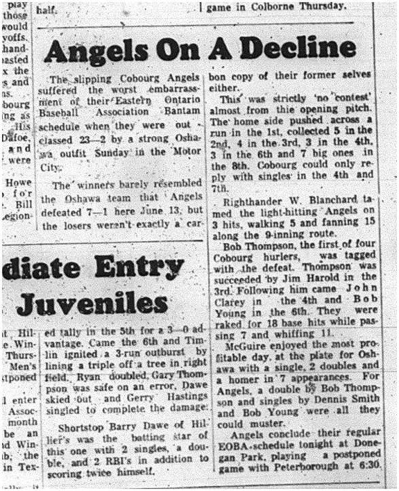 1965-07-14 Softball - Boys - Cobourg Legion Minor Softball League - Angels Vs. Oshawa