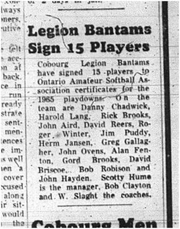 1965-07-14 Softball - Boys - Cobourg Legion Minor Softball League - Legion Bantams - 15 Players