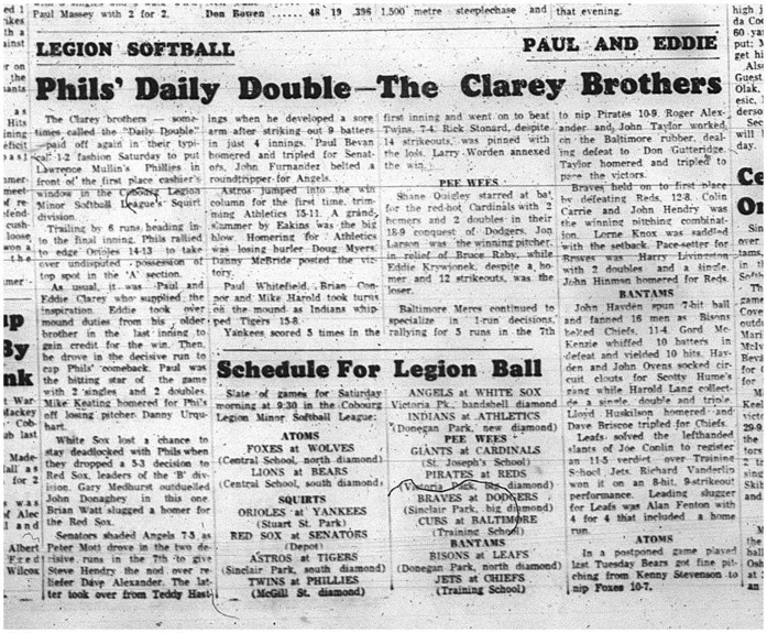 1965-07-14 Softball - Boys - Cobourg Legion Minor Softball League - Phils Vs. Orioles