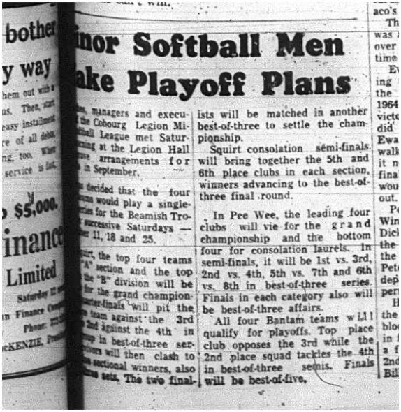1965-07-14 Softball - Boys - Cobourg Legion Minor Softball League - Playoff Plans