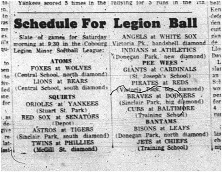 1965-07-14 Softball - Boys - Cobourg Legion Minor Softball League - Schedule